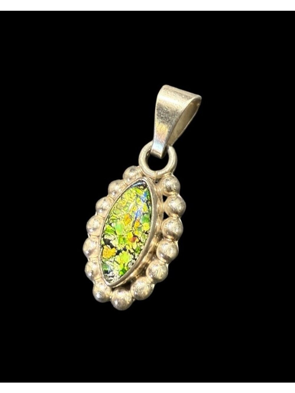 Vintage Mexico Sterling Silver 925 Dichroic Glass Pendant Dangle Drop 1 1/8”
